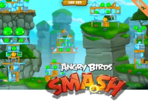 Capture d'écran du jeu Angry Birds Smash développé par NeoXperiences avec le logo Angry Birds Smash au premier plan.