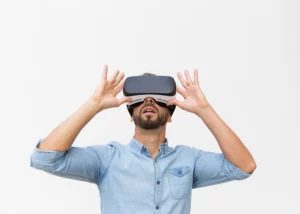 Man wearing a VR helmet looking upwards