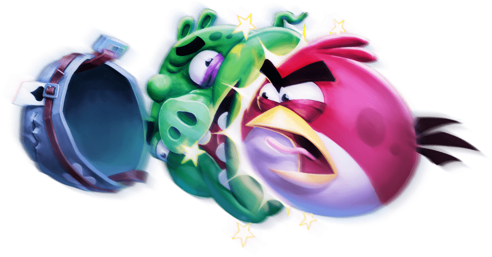 Illustration Angry Birds - Red fonçant dans un cochon. Neo Xperiences.