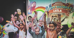 Group of children dressed as unicorns at an interactive birthday party