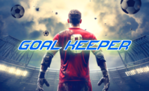 Logo du jeu Goal Keeper avec un gardien de but dans un stade, jeu de réflexes et de sport sur mur interactif