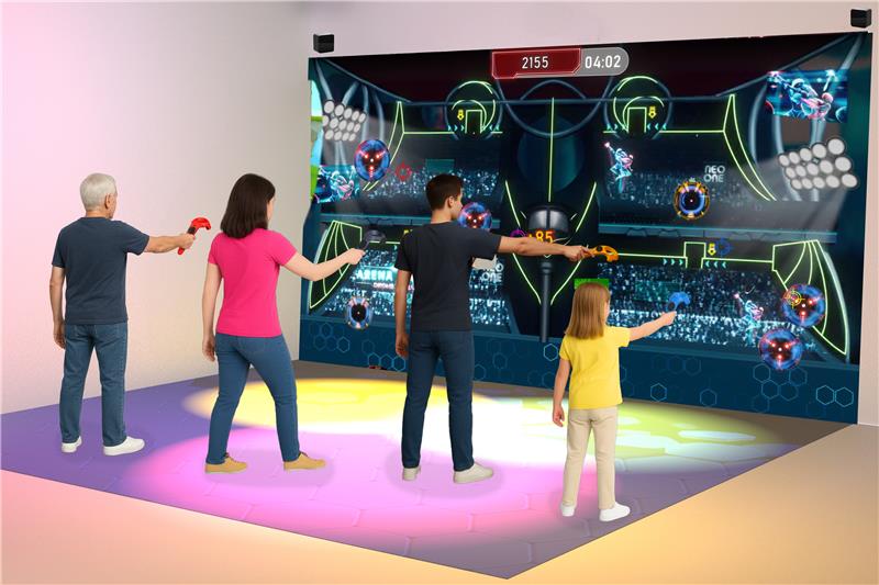 Image 3D du Neo-Pad Mono montrant un mur interactif dans un espace de jeu en réalité augmentée