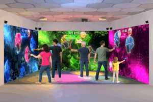 Image 3D du Neo-Pad Trio montrant une salle immersive avec trois murs interactifs en réalité mixte